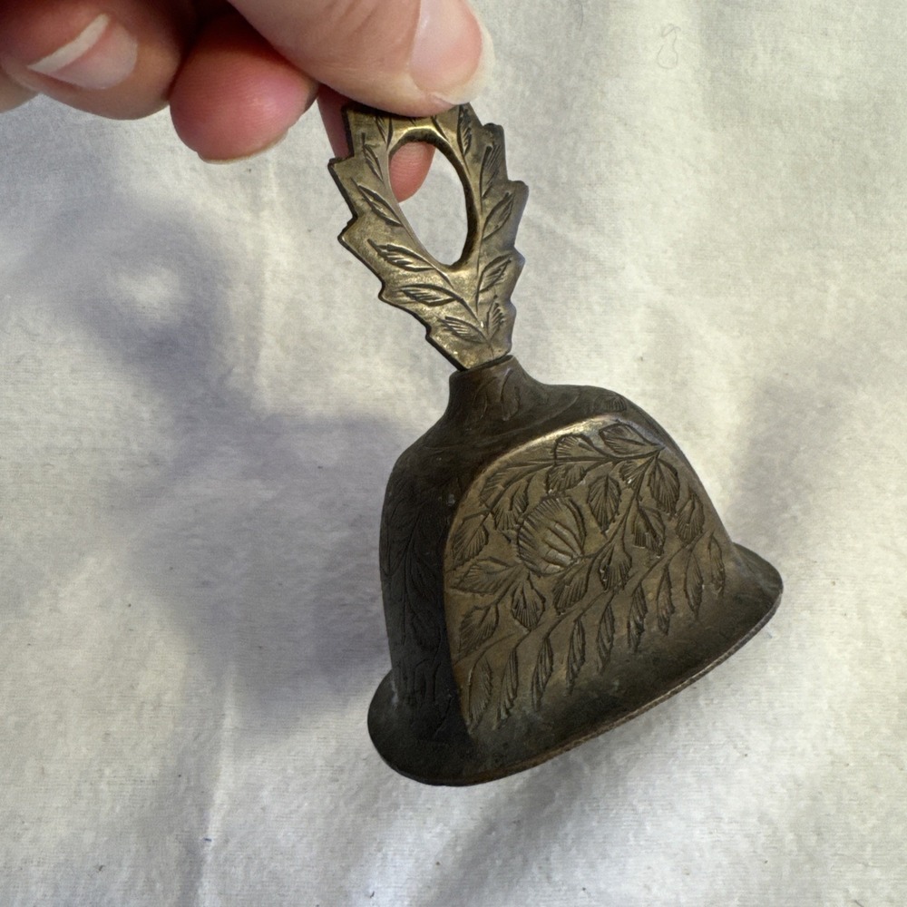 VTG Etched Brass Hand Bell - India - Floral Leaf Design - Boho Decor - 4" Patina